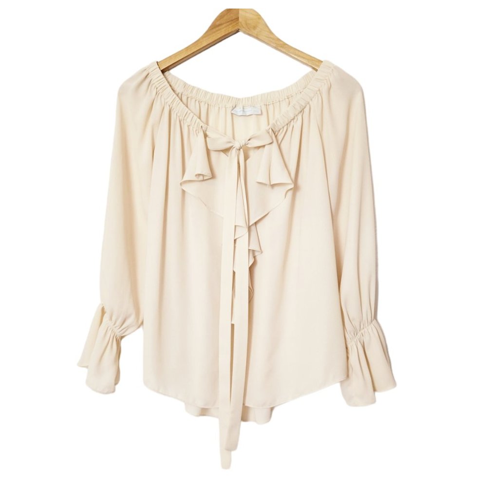 New York and Company Blouse Cream Flowy Ruffled Off Shoulder Bell Cuff Bow Tie